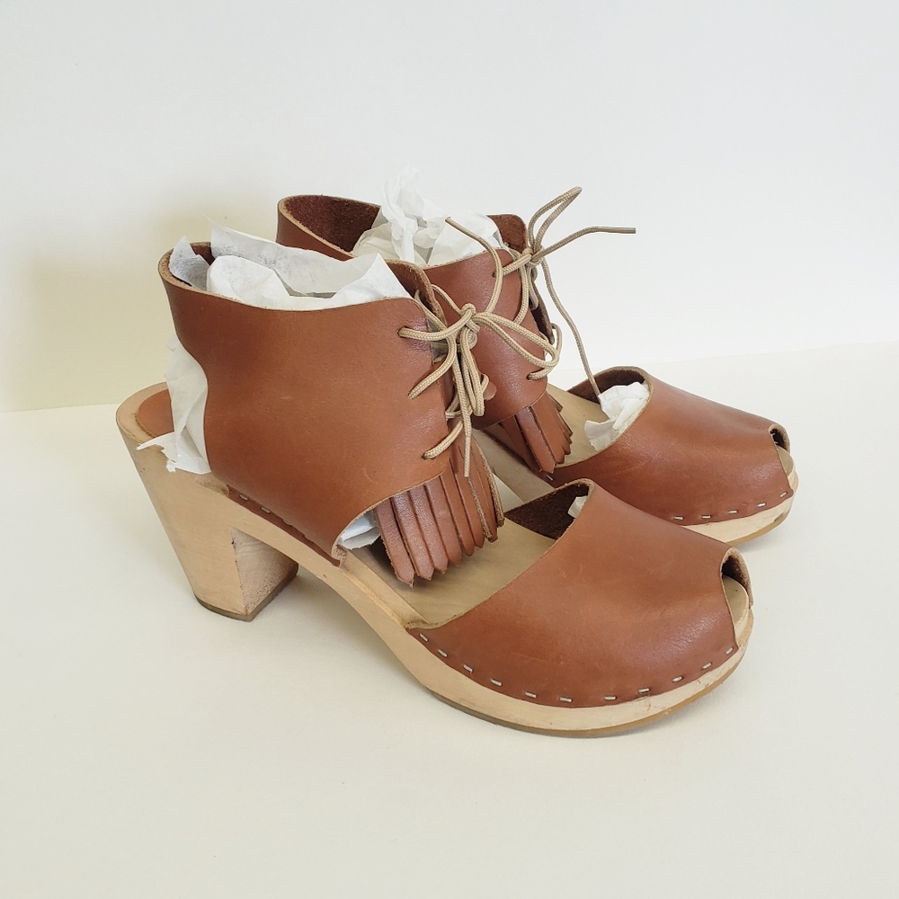 Bryr Peep Toe Wooden Clogs with Kilt